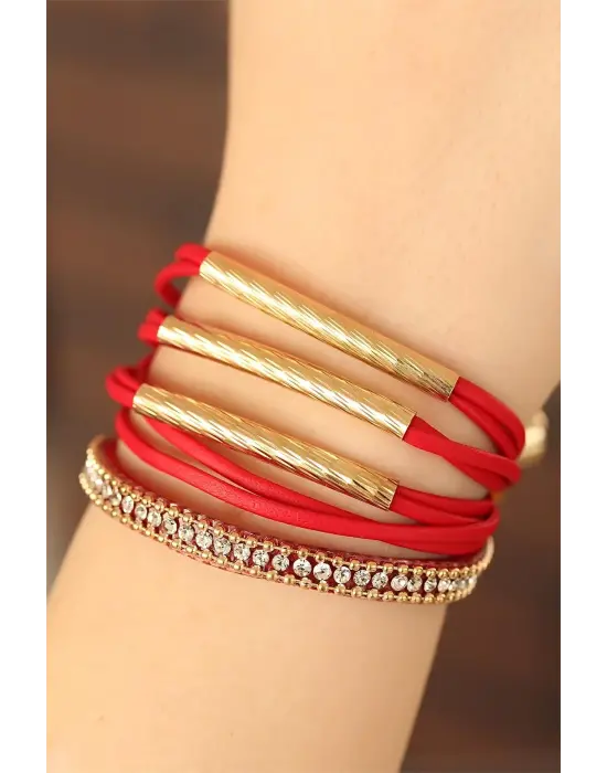 Kırmızı Renk Deri Taşlı Bayan Çoklu Bileklik