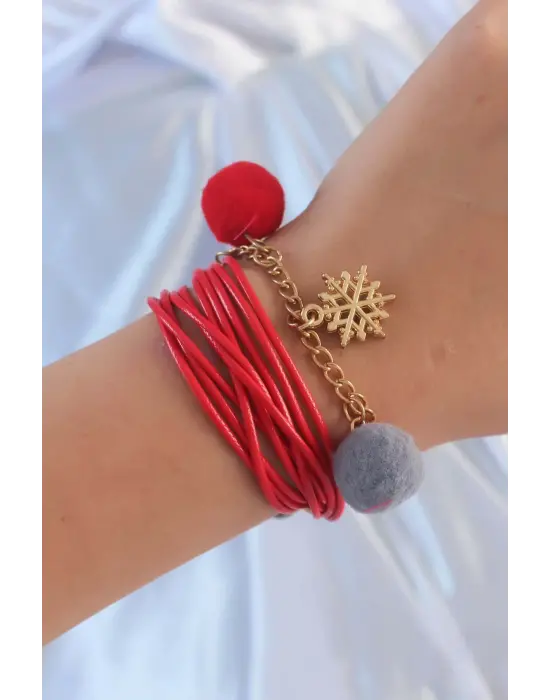 Kırmızı Renk Kar Tanesi Figür Zincir Detay İpli Çoklu Bileklik