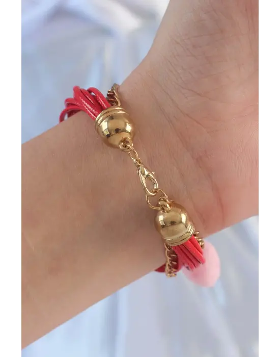 Kırmızı Renk Kar Tanesi Figür Zincir Detay İpli Çoklu Bileklik