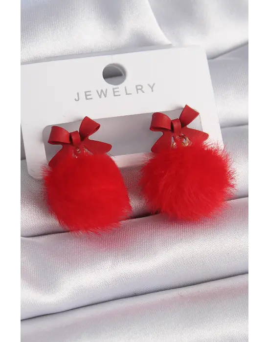 Kırmızı Renk Kurdele Ponpon Model Çelik Küpe