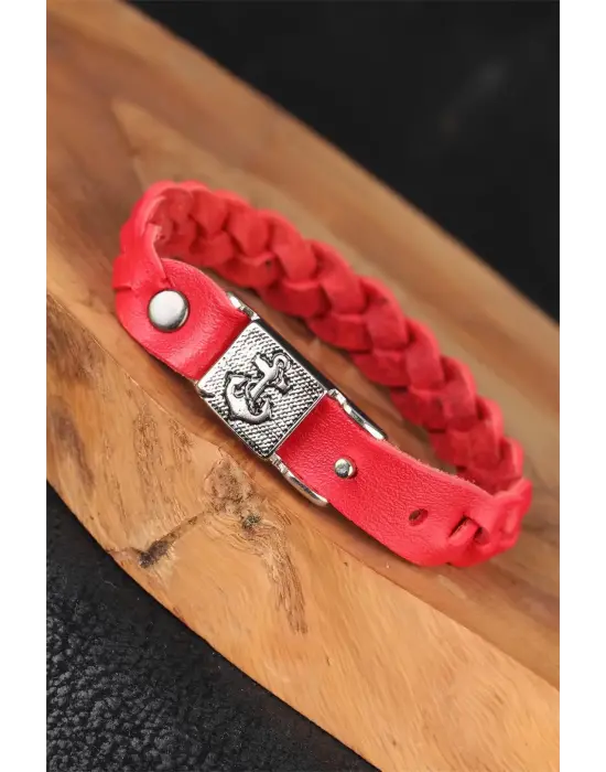 Kırmızı Renk Örgü Model Deniz Çapası Aksesuarlı Deri Erkek Bileklik