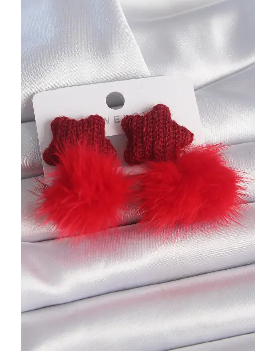 Kırmızı Renk Tüylü Yıldız Ponpon Model Çelik Küpe