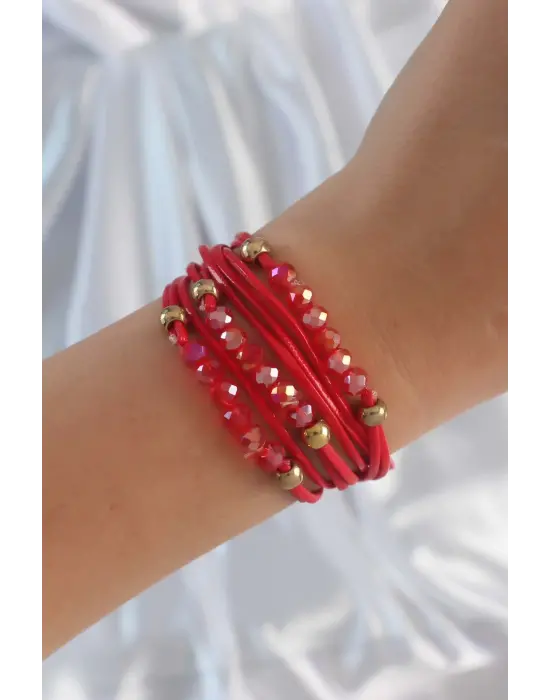 Kırmızı Renk Zirkon Taşlı İpli Çoklu Bileklik