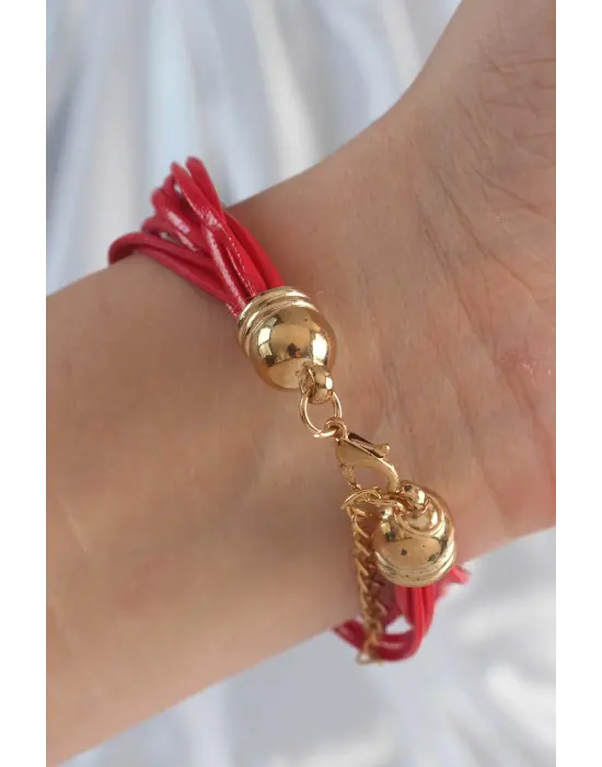 Kırmızı Renk Zirkon Taşlı İpli Çoklu Bileklik