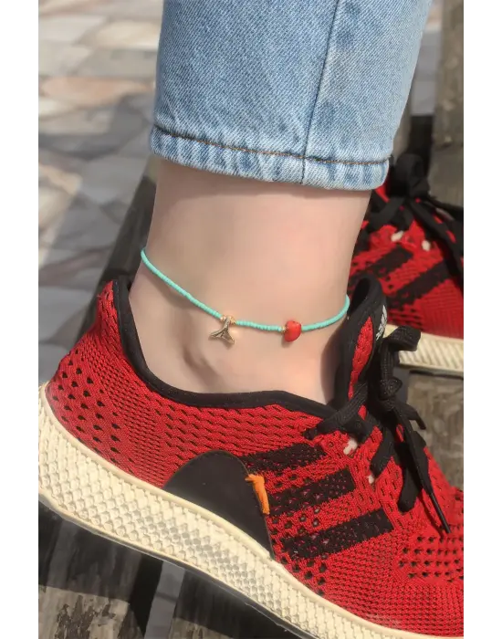 Kırmızı Taş Detaylı Mavi Boncuklu Halhal