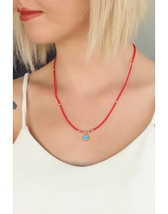 Kırmızı Taşlı Nazar Boncuklu Bayan Kolye