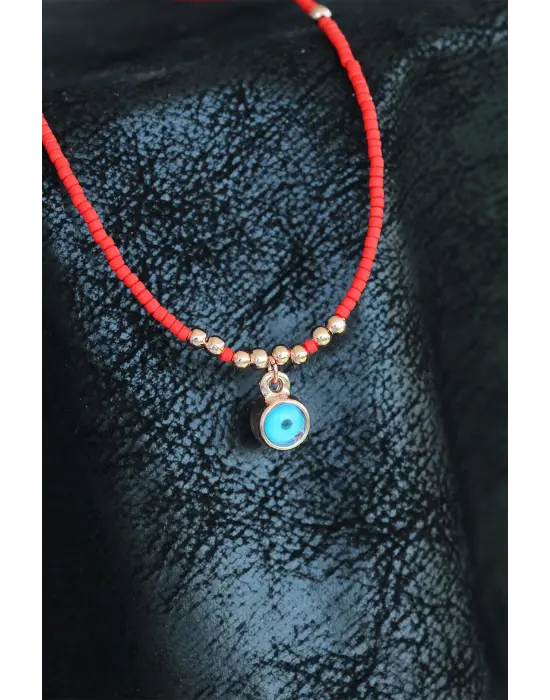 Kırmızı Taşlı Nazar Boncuklu Bayan Kolye