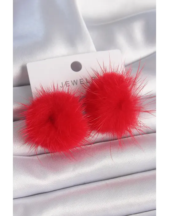 Kırmızı Tüylü Ponpon Model Çelik Küpe