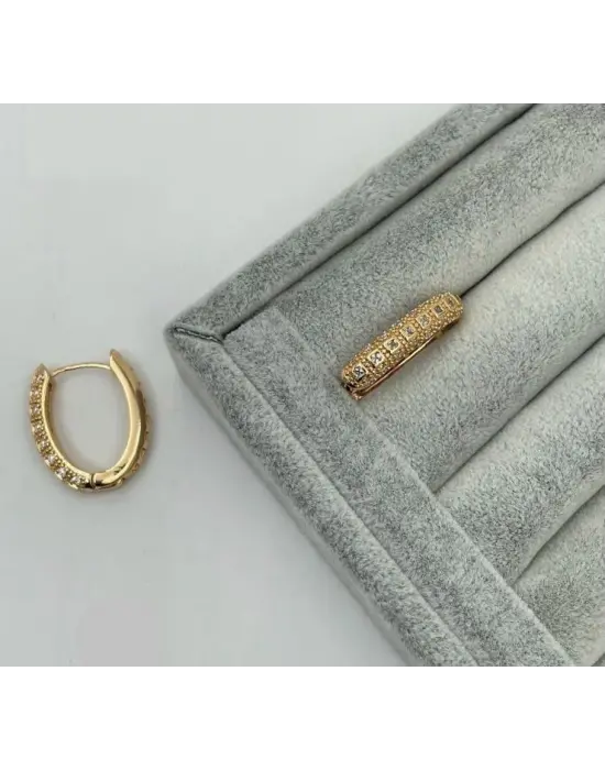 Koyu Altın Renkli Taşlı Oval Halka Küpe