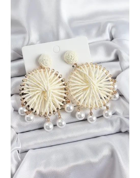 Krem Hasır Örgü Sarmal Model Sallantılı İnci Detaylı Gold Renk Kadın Küpe