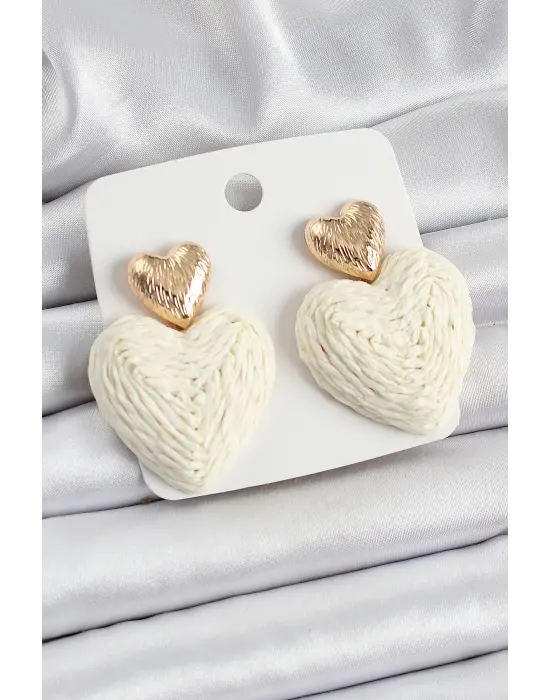 Krem Kalp Figürlü Hasır Örgü Model Gold Renk Kadın Küpe