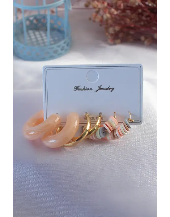 Krem Rengi Boncuk Halka Model Kadın Küpe Seti