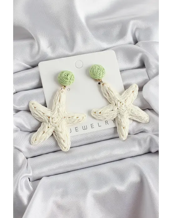 Krem Ve Yeşil Deniz Yıldızı Figürlü Hasır Örgü Model Gold Renk Kadın Küpe