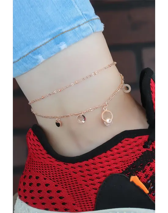 Kristal Taşlı Halkalı Rose Renk Çift Zincirli Hal Hal