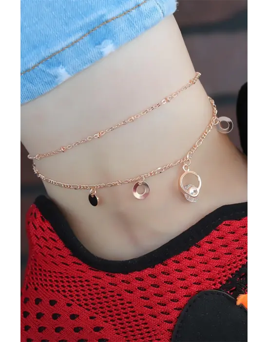 Kristal Taşlı Halkalı Rose Renk Çift Zincirli Hal Hal