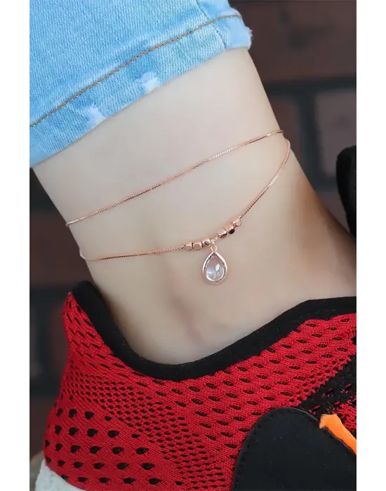 Kristal Taşlı Rose Renk Çift Zincirli Hal Hal