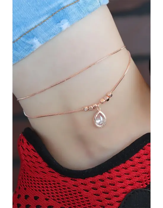 Kristal Taşlı Rose Renk Çift Zincirli Hal Hal