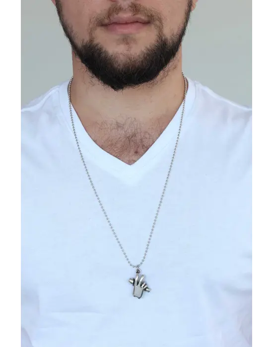 Krom Kaplama Kararmaz Gümüş Renk Metal Mikrofon ve El Tasarım Erkek Kolye