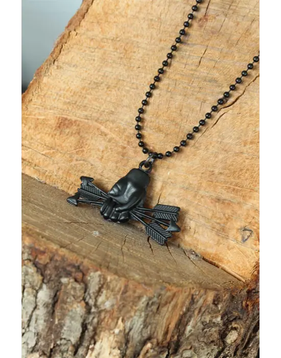 Krom Kaplama Siyah Renk Metal Ok ve El Tasarım Erkek Kolye