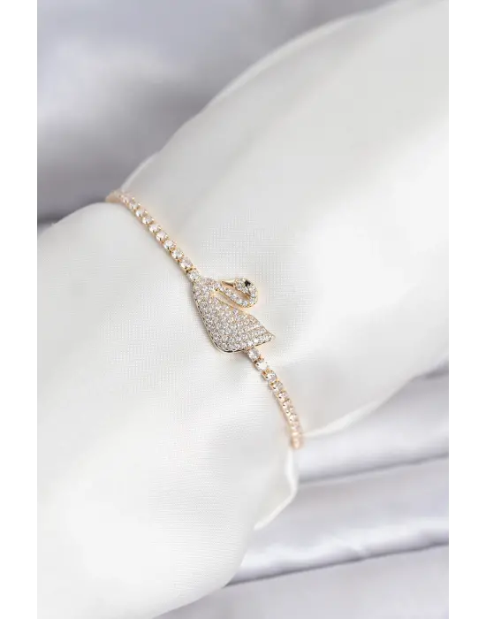 Kuğu Model Zirkon Taşlı Gold Renk Asansörlü Su Yolu Bileklik
