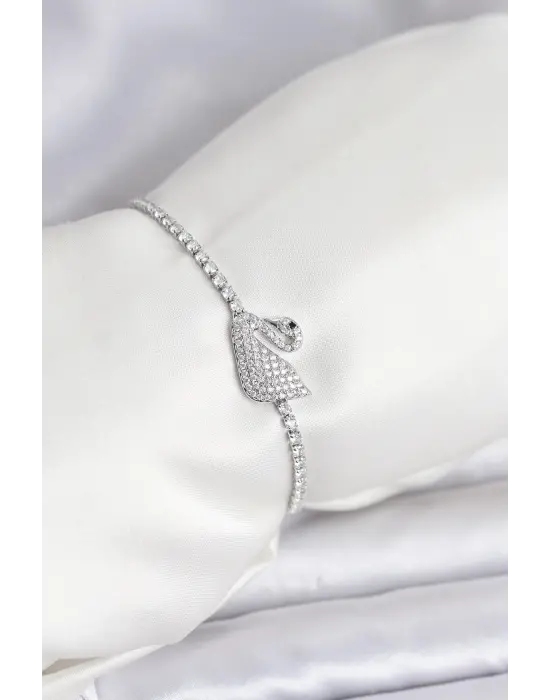 Kuğu Model Zirkon Taşlı Gümüş Renk Asansörlü Su Yolu Bileklik