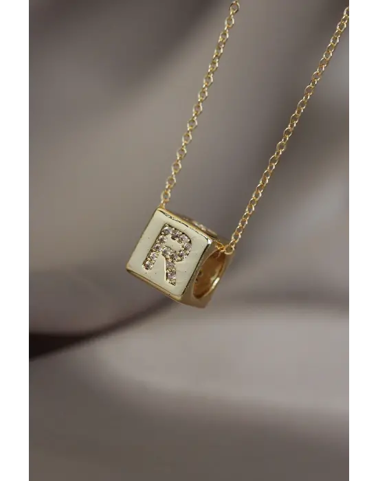 Küp Model Gold Renk Zirkon Taşlı R Harfli Kolye