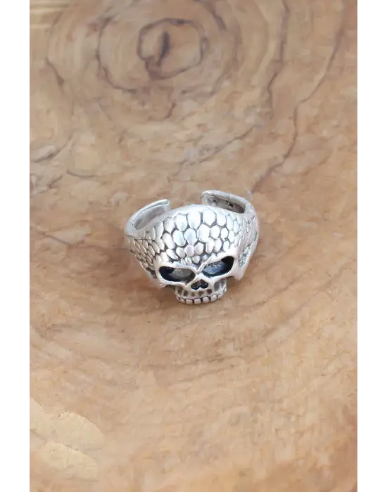 Kuru Kafa Desen Ayarlanabilir Gümüş Renk Erkek Yüzük