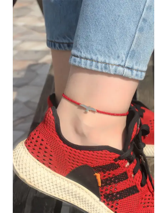 Kuş Detaylı Kırmızı Boncuklu Halhal