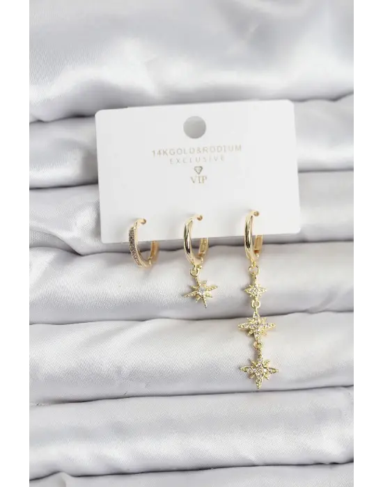 Kutup Yıldızı Model Gold Renk Pirinç 3lü Kadın Küpe Seti