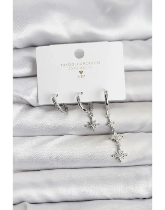 Kutup Yıldızı Model Gümüş Renk Pirinç 3lü Kadın Küpe Seti