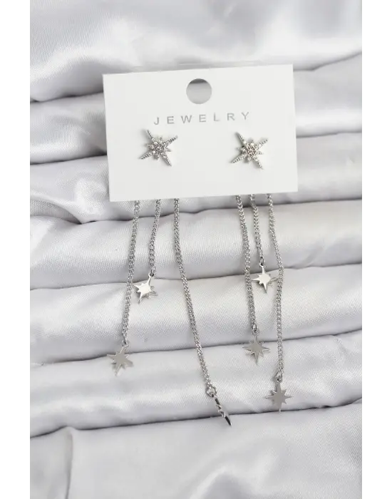 Kutup Yıldızı Model Gümüş Renk Pirinç Sallantılı Kadın Küpe