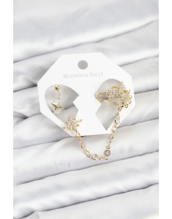 Kutup Yıldızı Model Çelik Gold Renk Zincir Bağlantılı Ear Cuff Küpe Seti