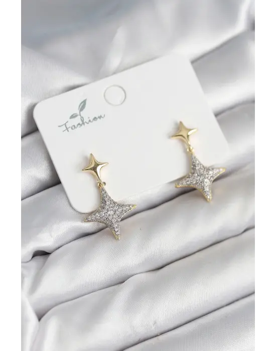 Kutup Yıldızı Pirinç Gold Renk Zirkon Taşlı Kadın Küpe