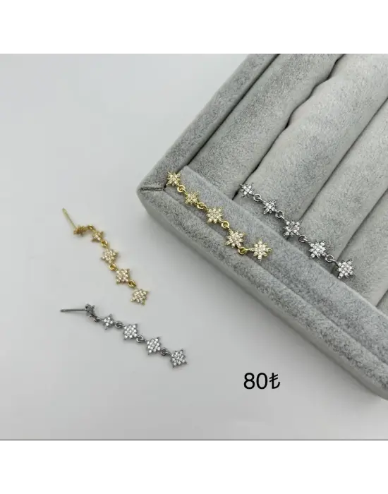 Kar Tanesi Yıldızlı Uzun Taşlı Çelik Küpe