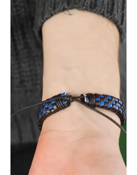 Lacivert Damalı Deri Erkek Bileklik