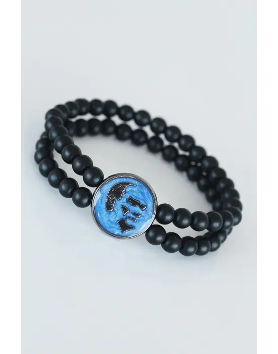 Lacivert Renk Metal Üzerine Füme Atatürk Portreli Çift Sıra Doğal Taş Erkek Bileklik