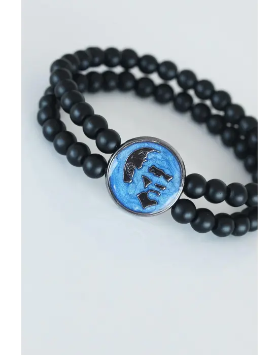 Lacivert Renk Metal Üzerine Füme Atatürk Portreli Çift Sıra Doğal Taş Erkek Bileklik