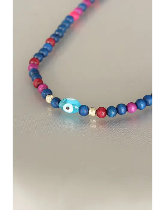 Lacivert Renk Tahta Boncuklu Kadın Kolye