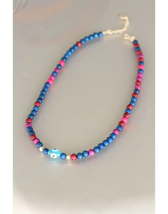 Lacivert Renk Tahta Boncuklu Kadın Kolye