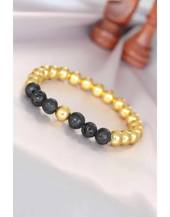 Lav Doğal Taş Detaylı Hematit Gold Renk Erkek Bileklik