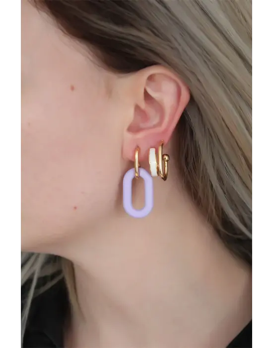 Lila Renk Uzun Oval Halka Küpe Seti