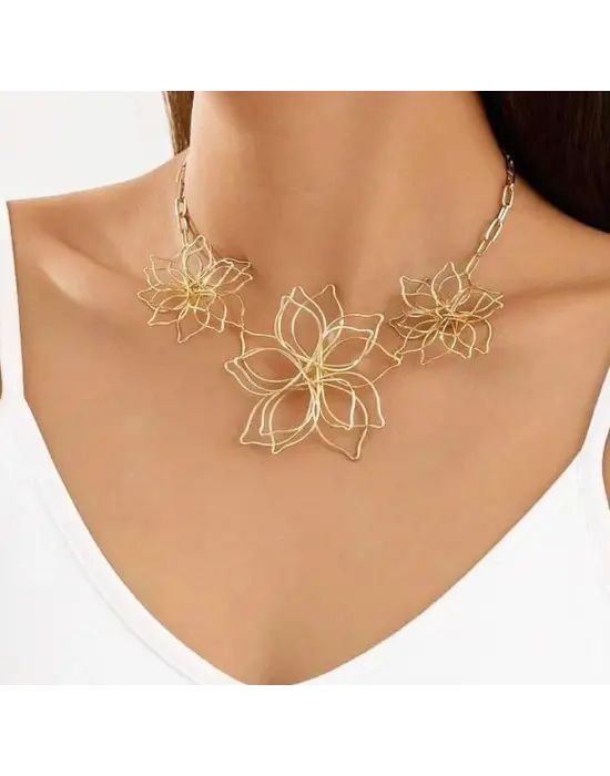Lotus Çiçek Model Yapışan Choker Kolye Çoklu