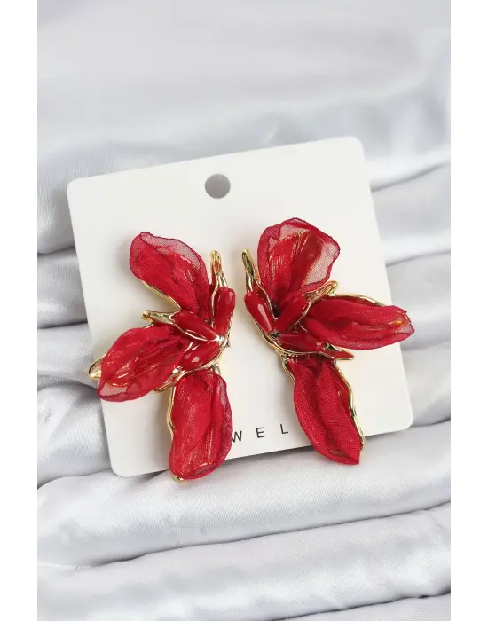 Lotus Model Kırmızı Renk Tüllü Kadın Küpe