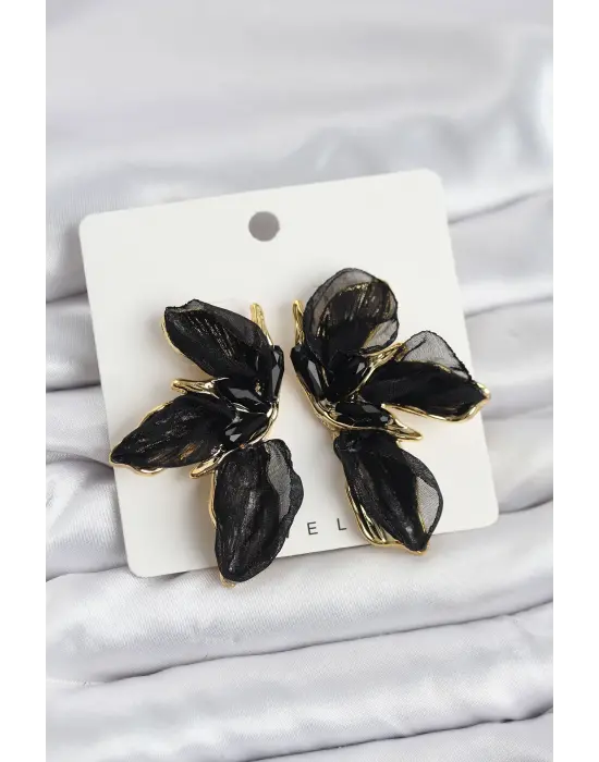 Lotus Model Siyah Renk Tüllü Kadın Küpe
