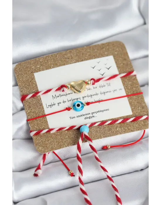 Marteniçka Bileklik 3lü Kalp ve Mavi Boncuk Model