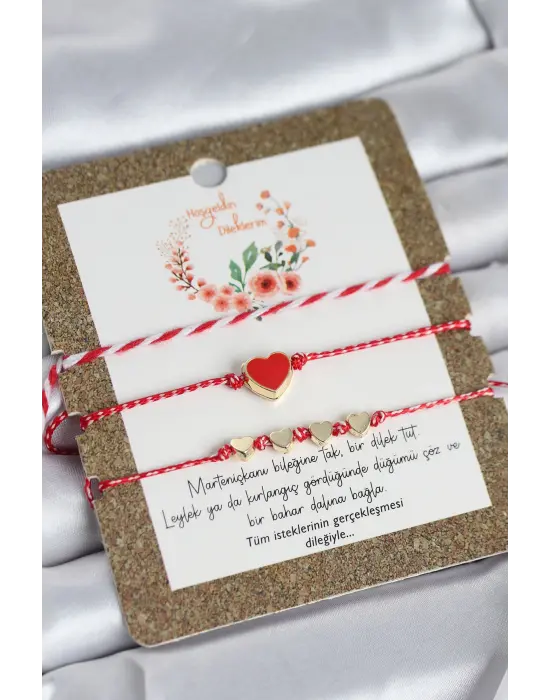 Marteniçka Bileklik 3lü Kırmızı Mineli Kalp Model