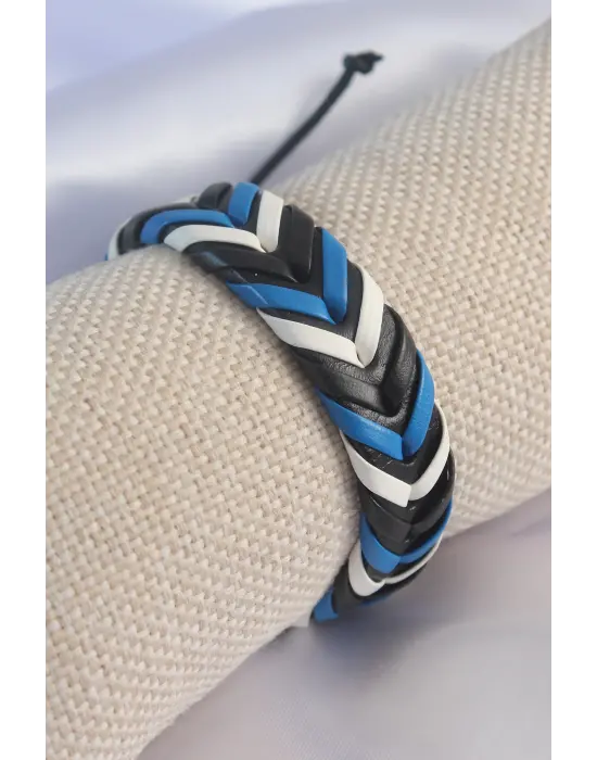 Mavi Beyaz Renk Siyah Deri İpli Erkek Bileklik