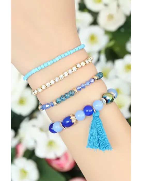 Mavi Boncuklu ve Püsküllü Bayan Çoklu Bileklik