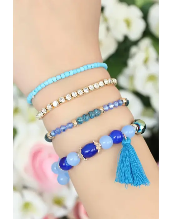Mavi Boncuklu ve Püsküllü Bayan Çoklu Bileklik