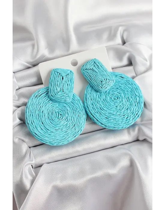 Mavi Daire Figürlü Hasır Örgü Model Gold Renk Kadın Küpe